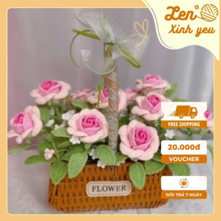 Giỏ hoa len Hồng Ngọt Ngào
