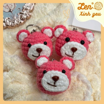Móc Khóa Gấu Teddy Len Hồng Handmade 2