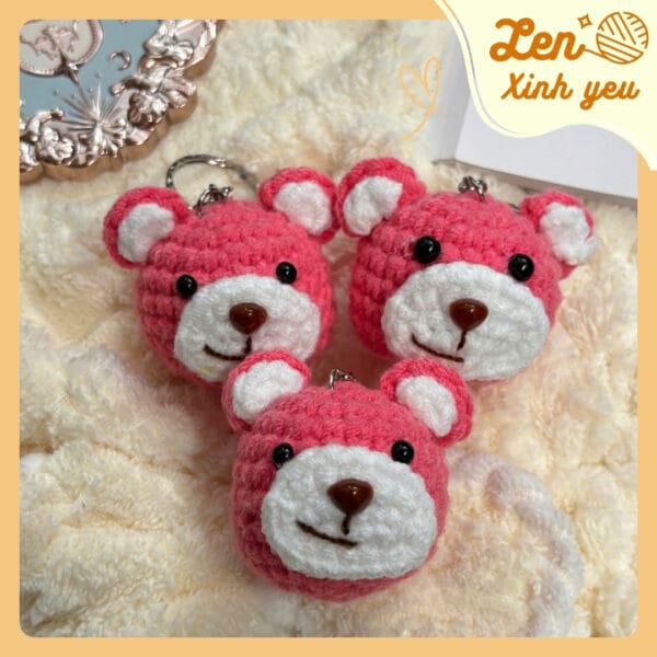 Móc Khóa Gấu Teddy Len Hồng Handmade 2